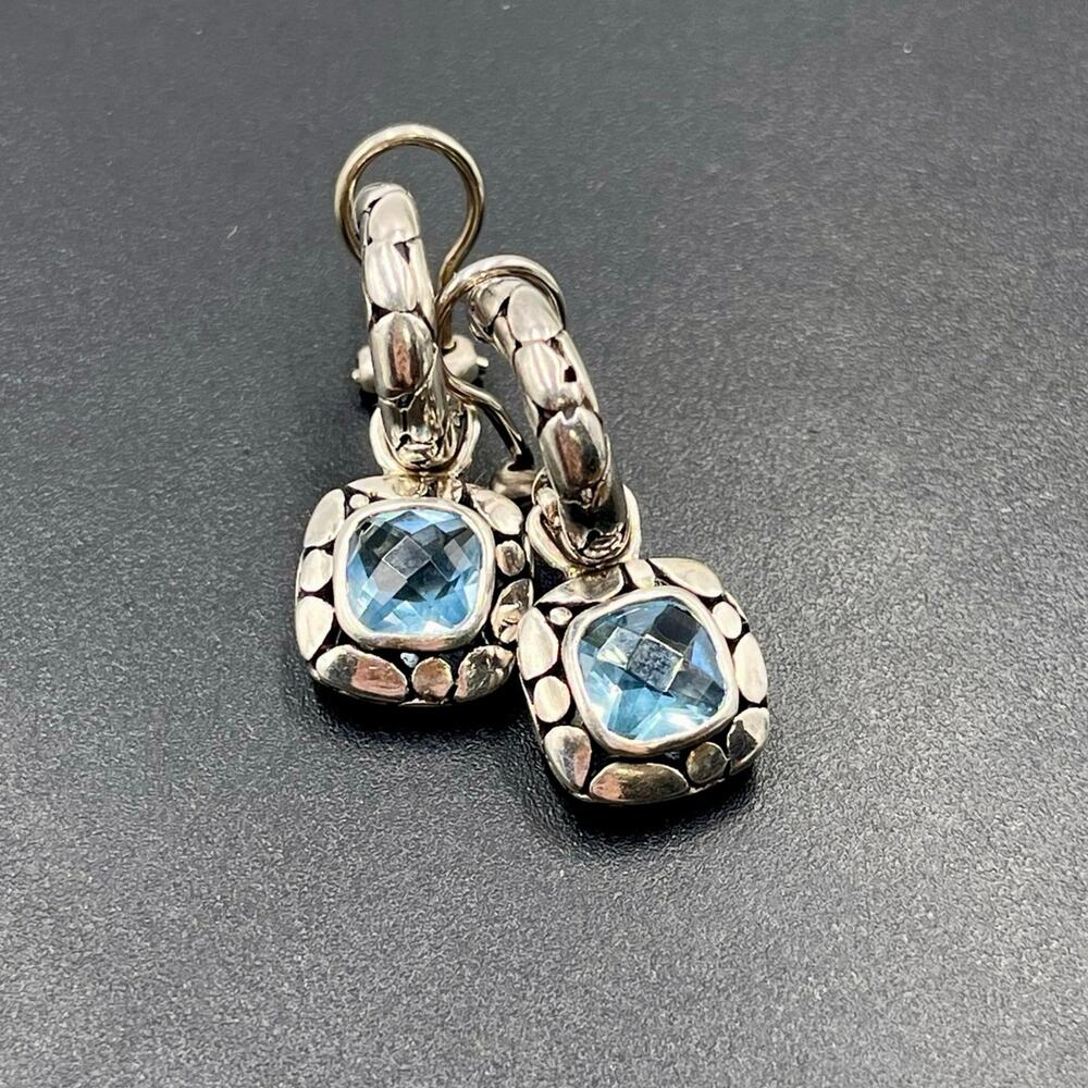 Sterling Silver 925 Faceted Blue CZ Bali Style Hoop‎ Dangle Earrings